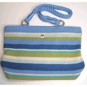 LINA  Crochet Shoulder Handbag Tote Stripe Blue Green & White Floral Lining